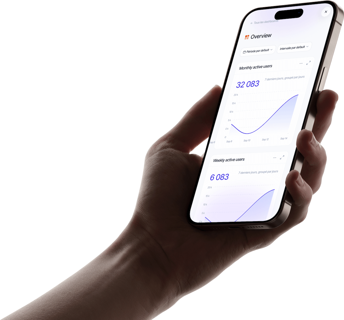 Une main tient un iPhone qui affiche le dashboard appwin