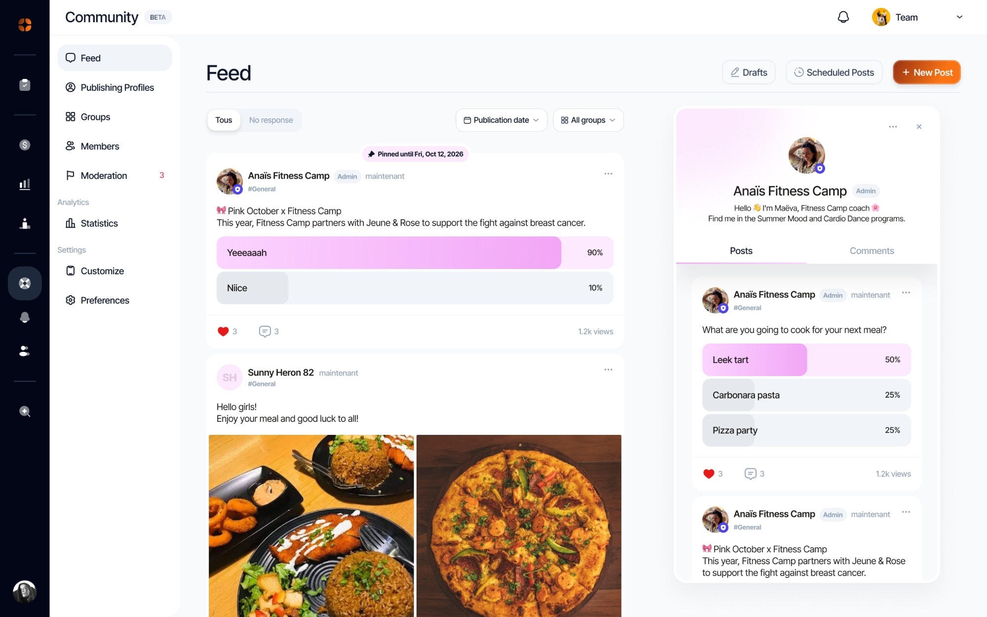 The community feed in the appwin dashboard: posts, a pinned poll and a member profile