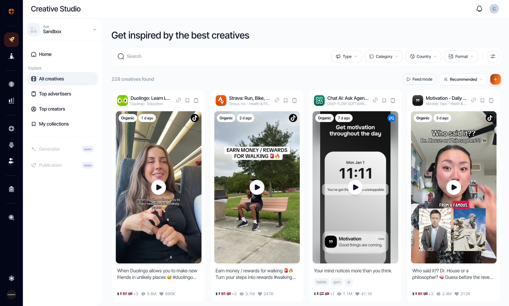 The appwin Creative Studio: the market’s creatives, filtered by category, country and network