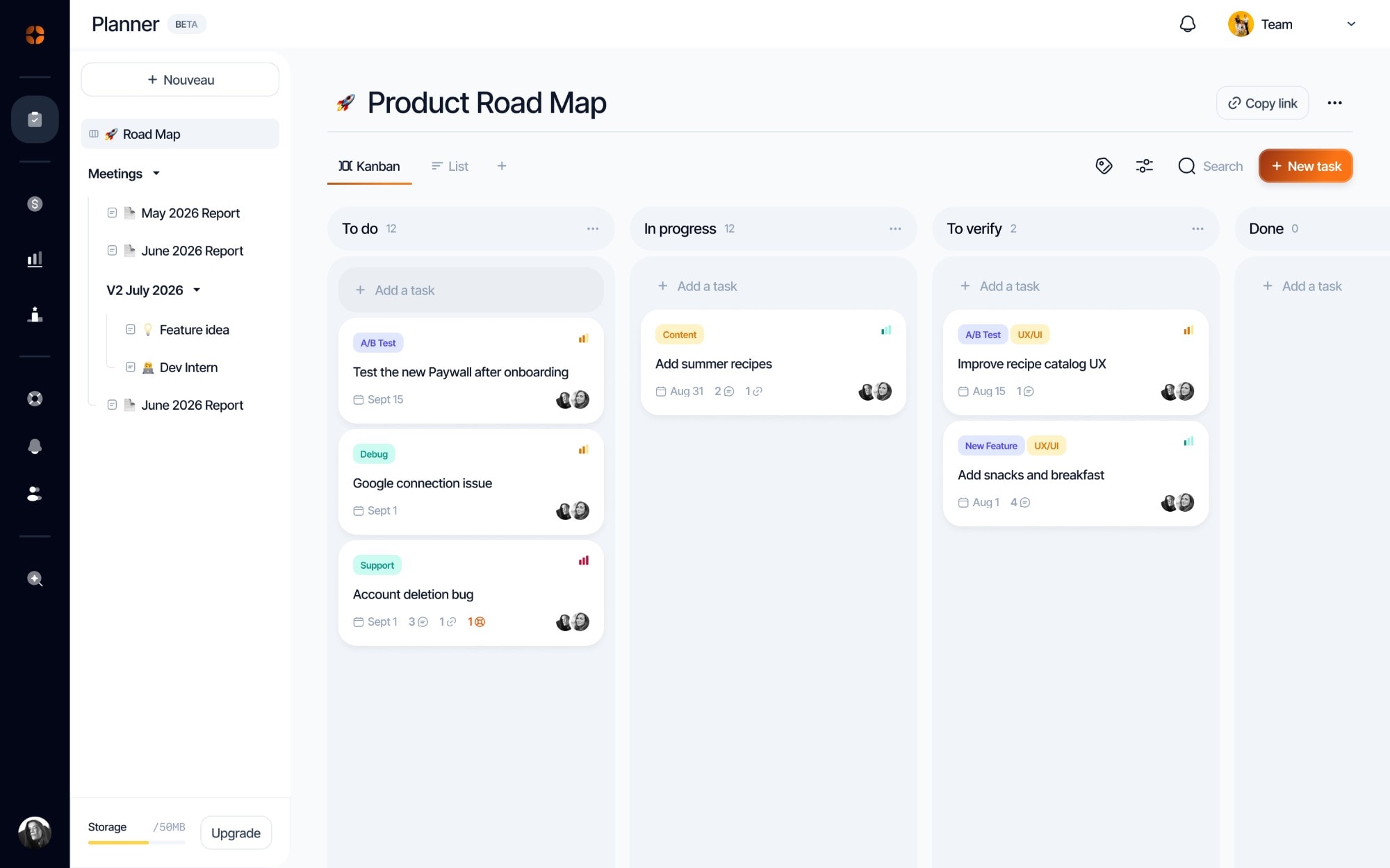 The appwin Planner: the Product roadmap board in Kanban view