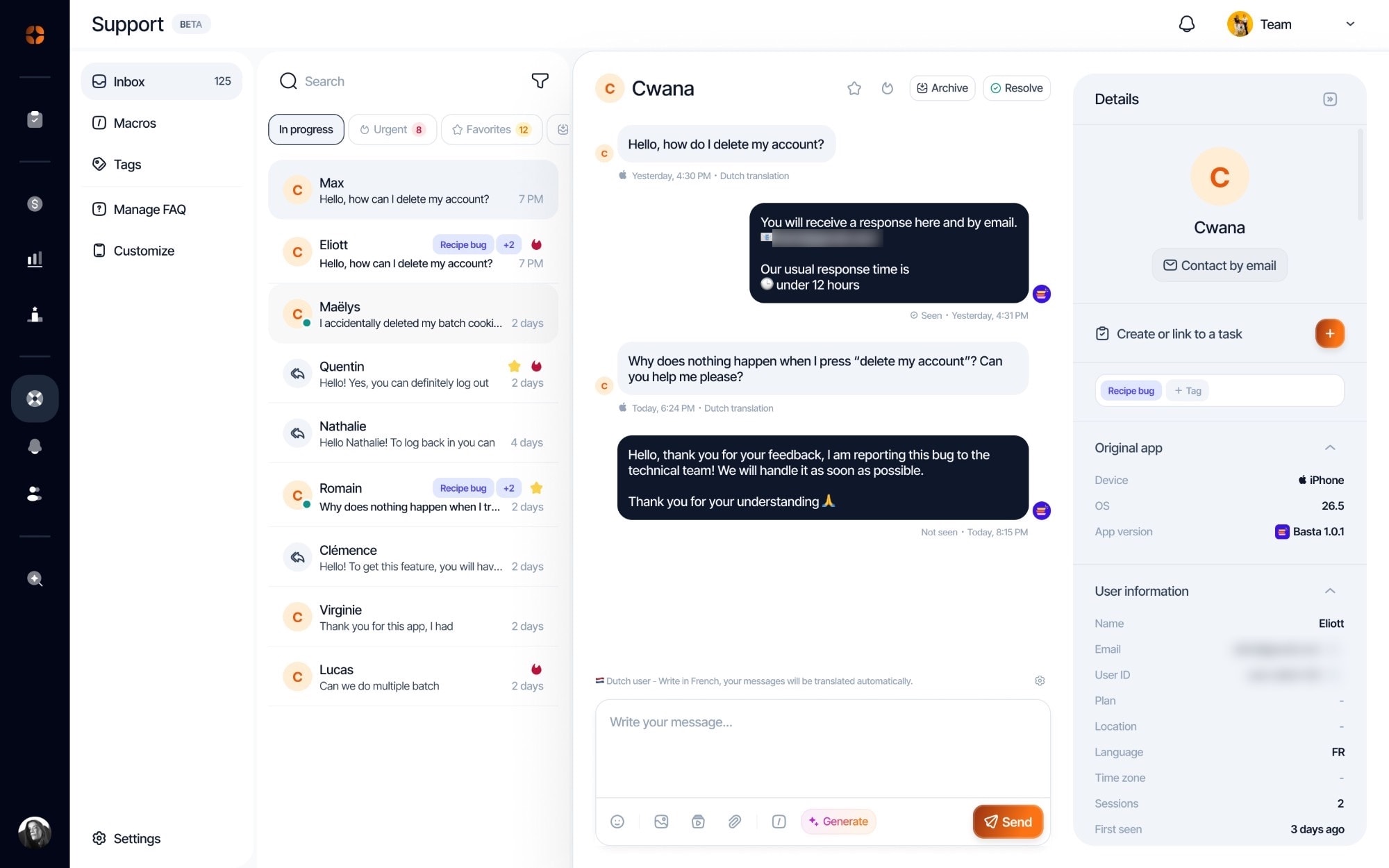 L’inbox du support appwin : liste des conversations, fil de discussion traduit et fiche de l’utilisateur