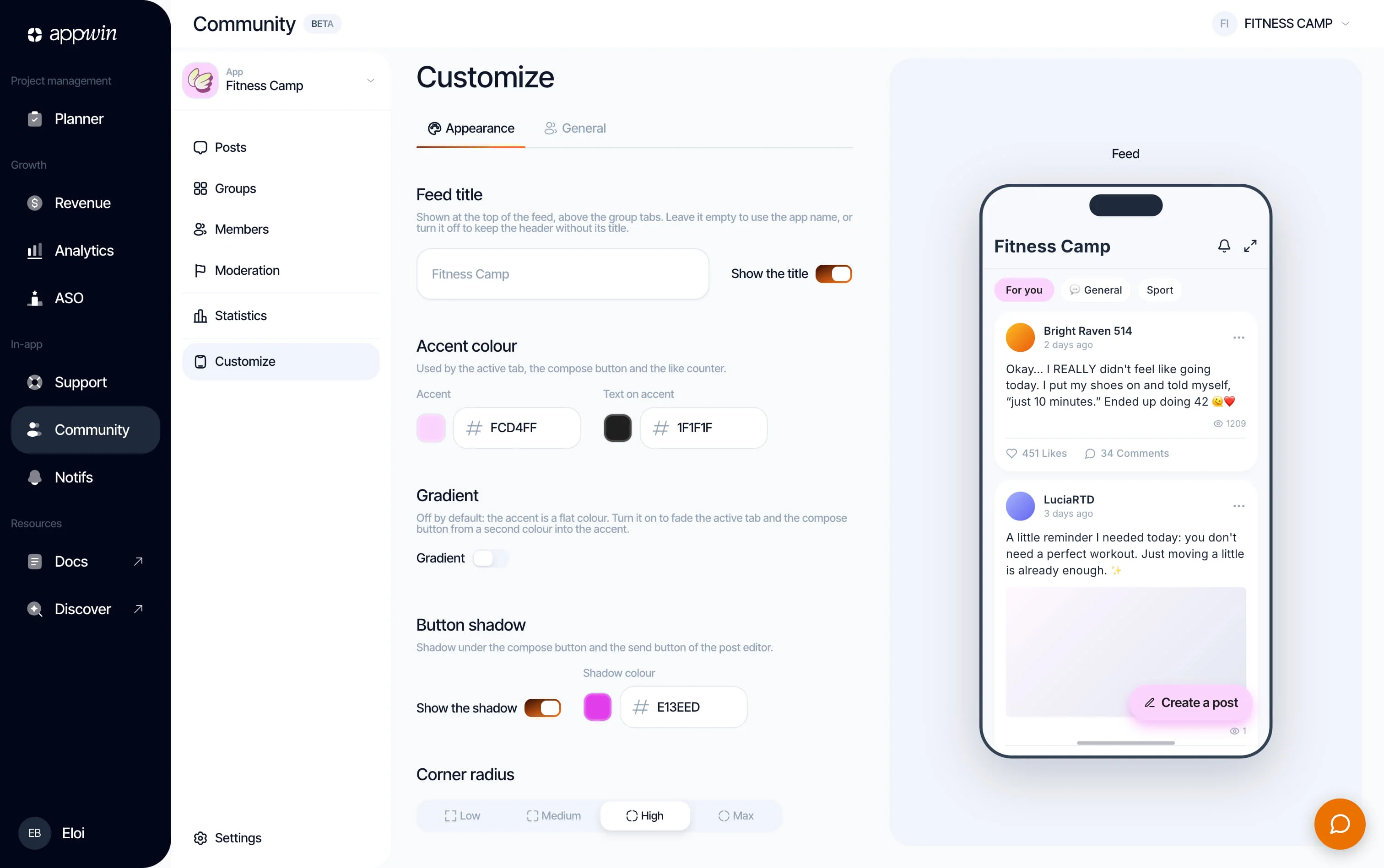 The Community customization page in the Appwin dashboard: feed title, accent colour, gradient and button shadow, with a live preview of the feed on a phone.