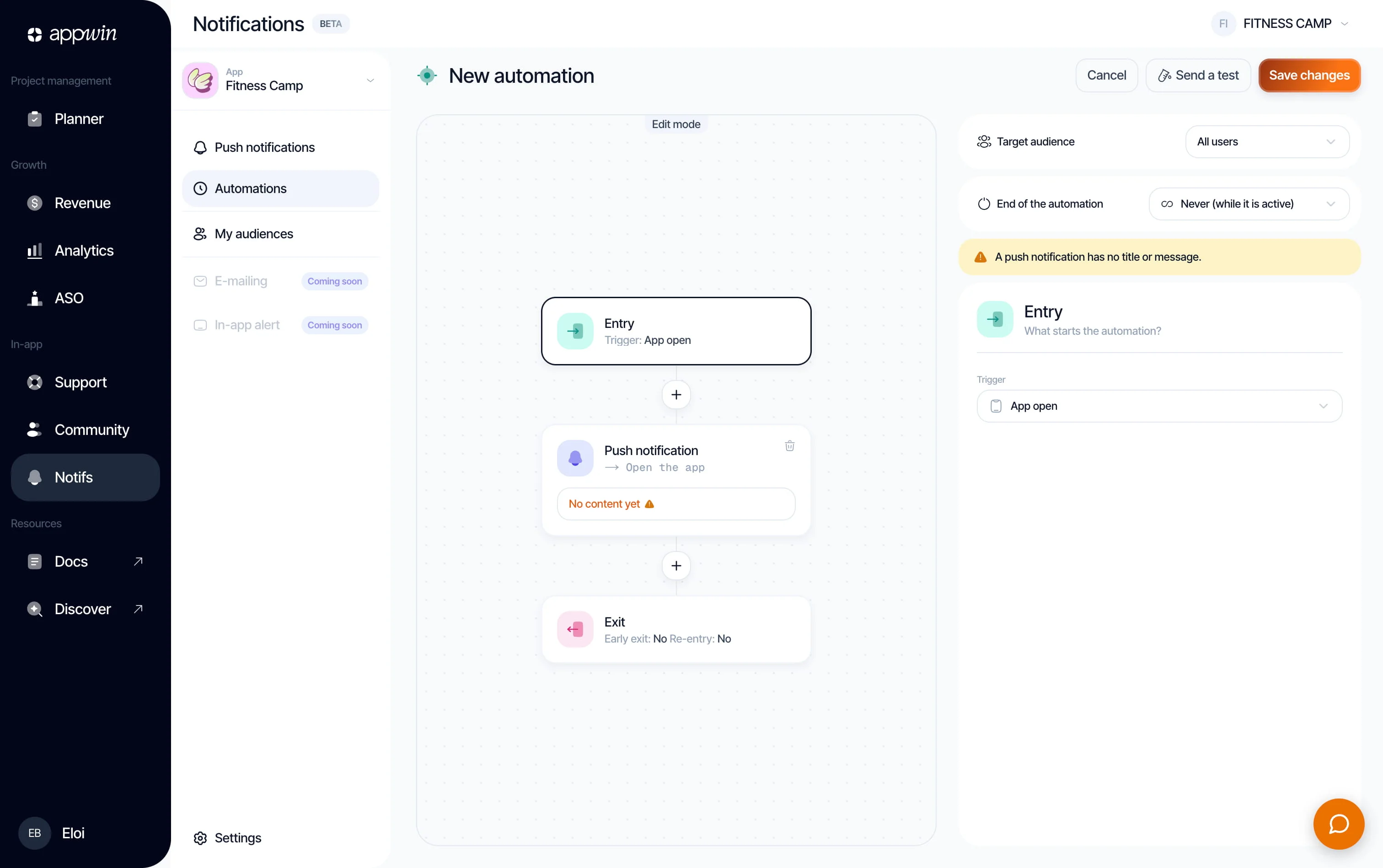 The Appwin automation editor: an entry trigger, a push notification step and an exit, with the audience and end settings on the right.