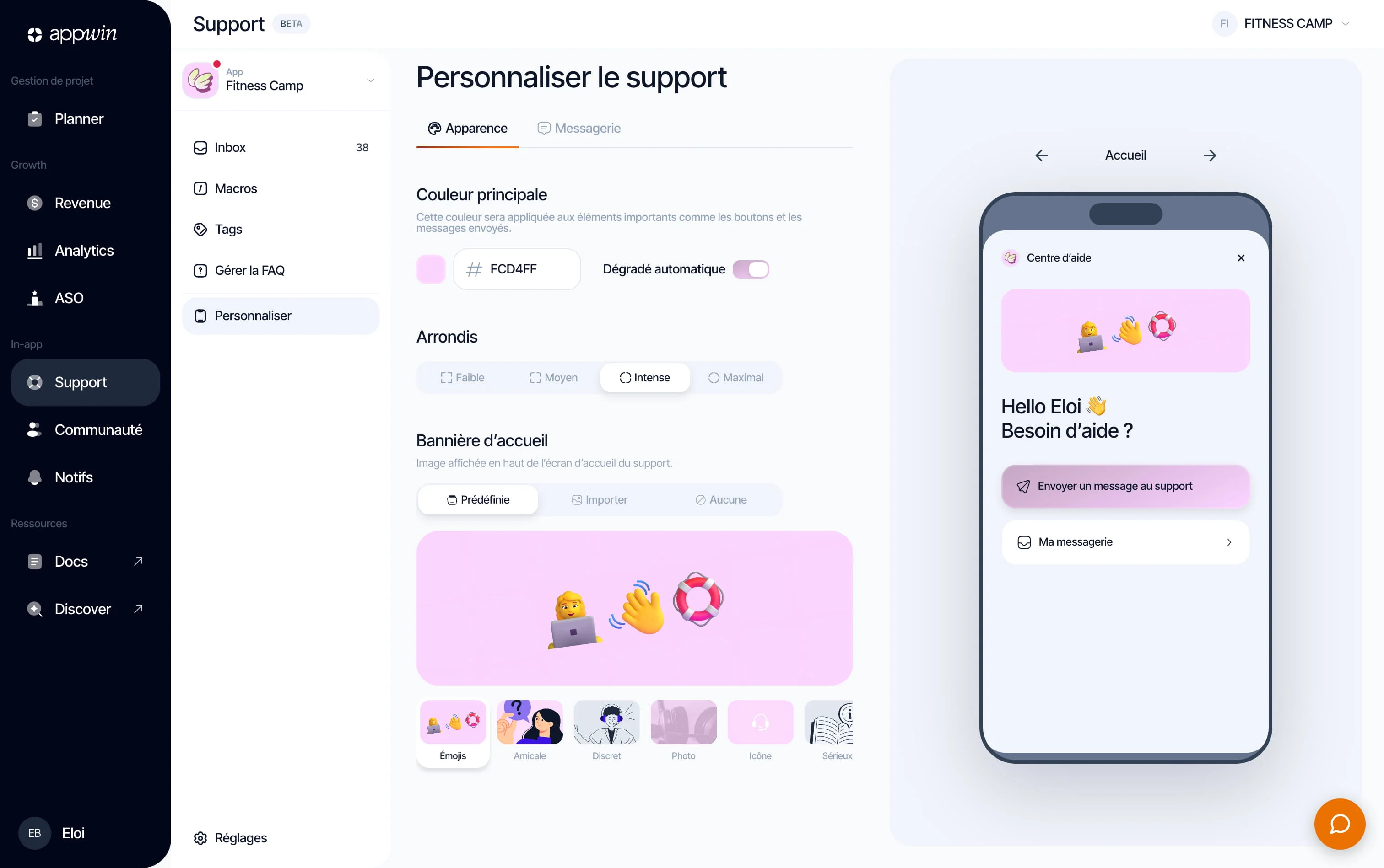 La page Personnaliser le support dans le dashboard Appwin : couleur principale, arrondis et bannière d'accueil, avec l'aperçu de l'accueil du messenger sur un téléphone.