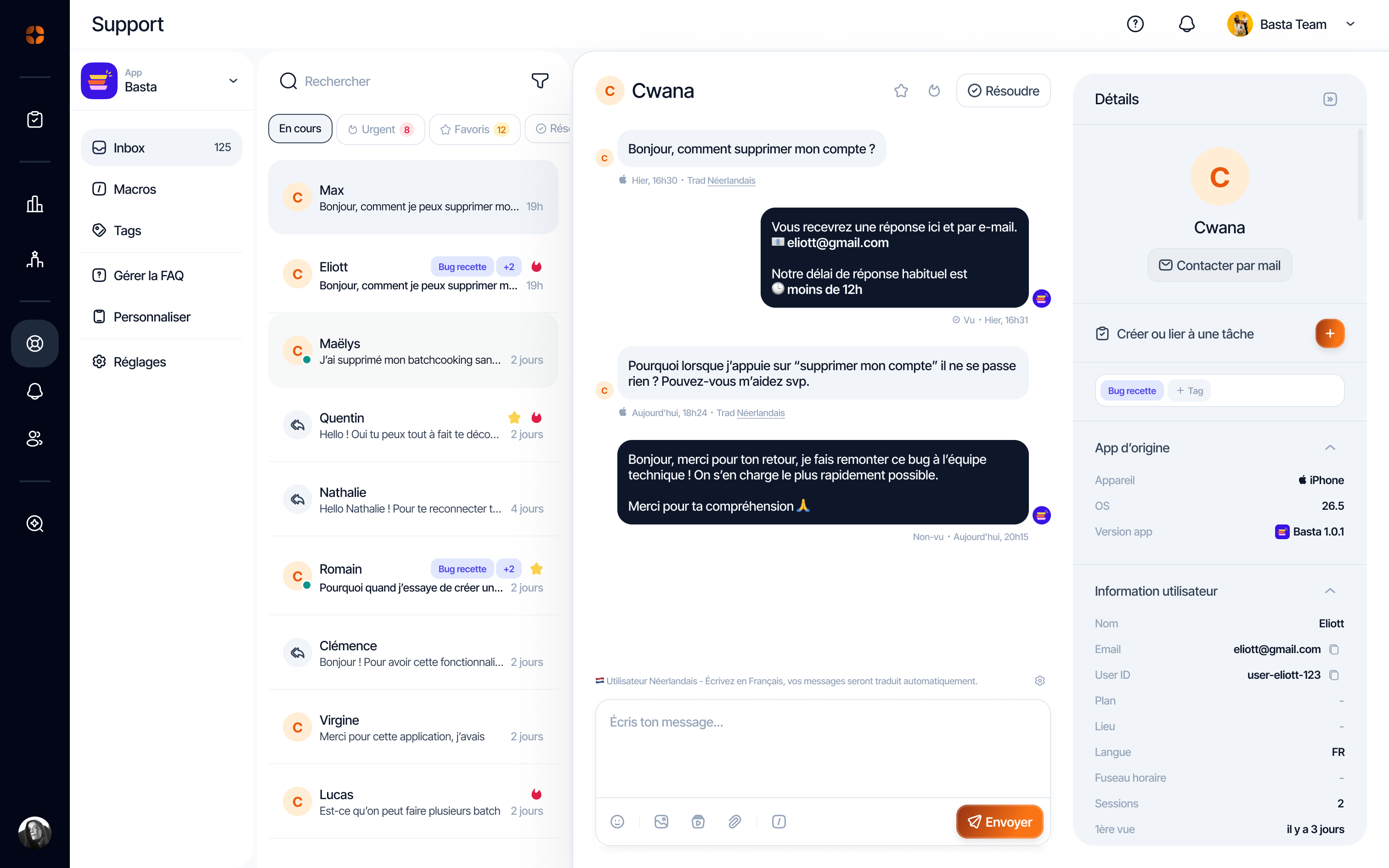 Le module Support d’appwin, avec la liste des conversations et une réponse en cours